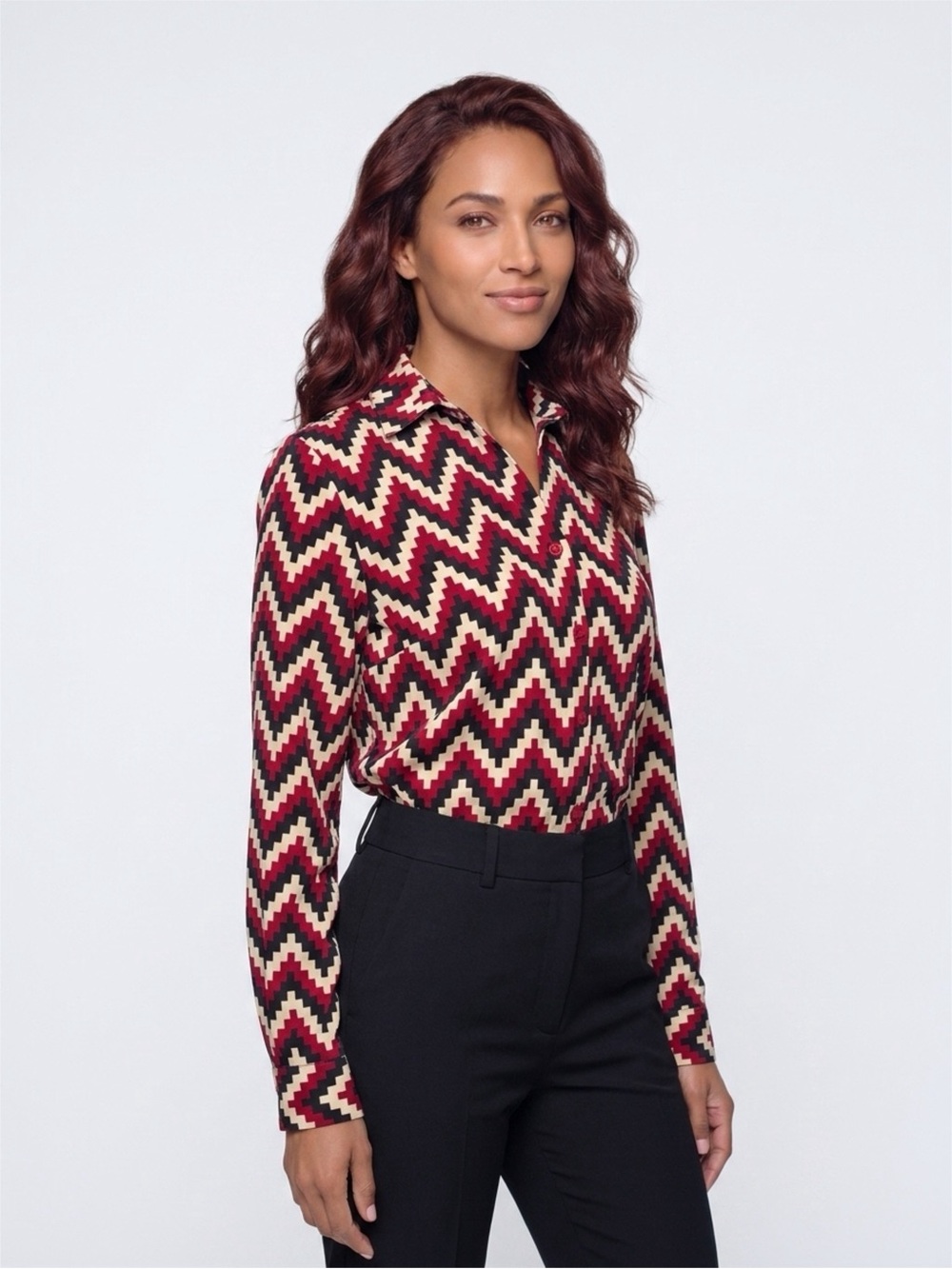 Chevron Print Long-Sleeve Top in Red, Black & Cream